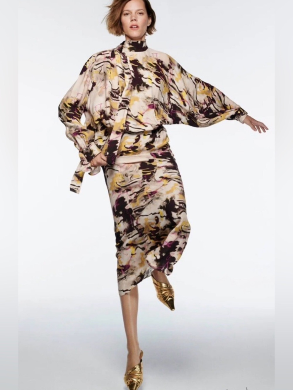 Zara Brushstroke Maxi Dress in Cream, Yellow, Black, Pink